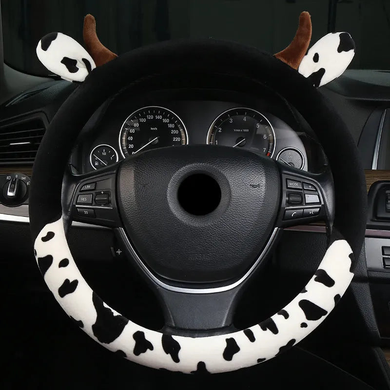 Short plush car steering wheel cover with protective handle in 38cm diameter