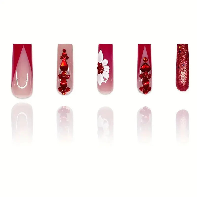 Sweet flowers temperament prismatic red diamond design on long European square artificial nails