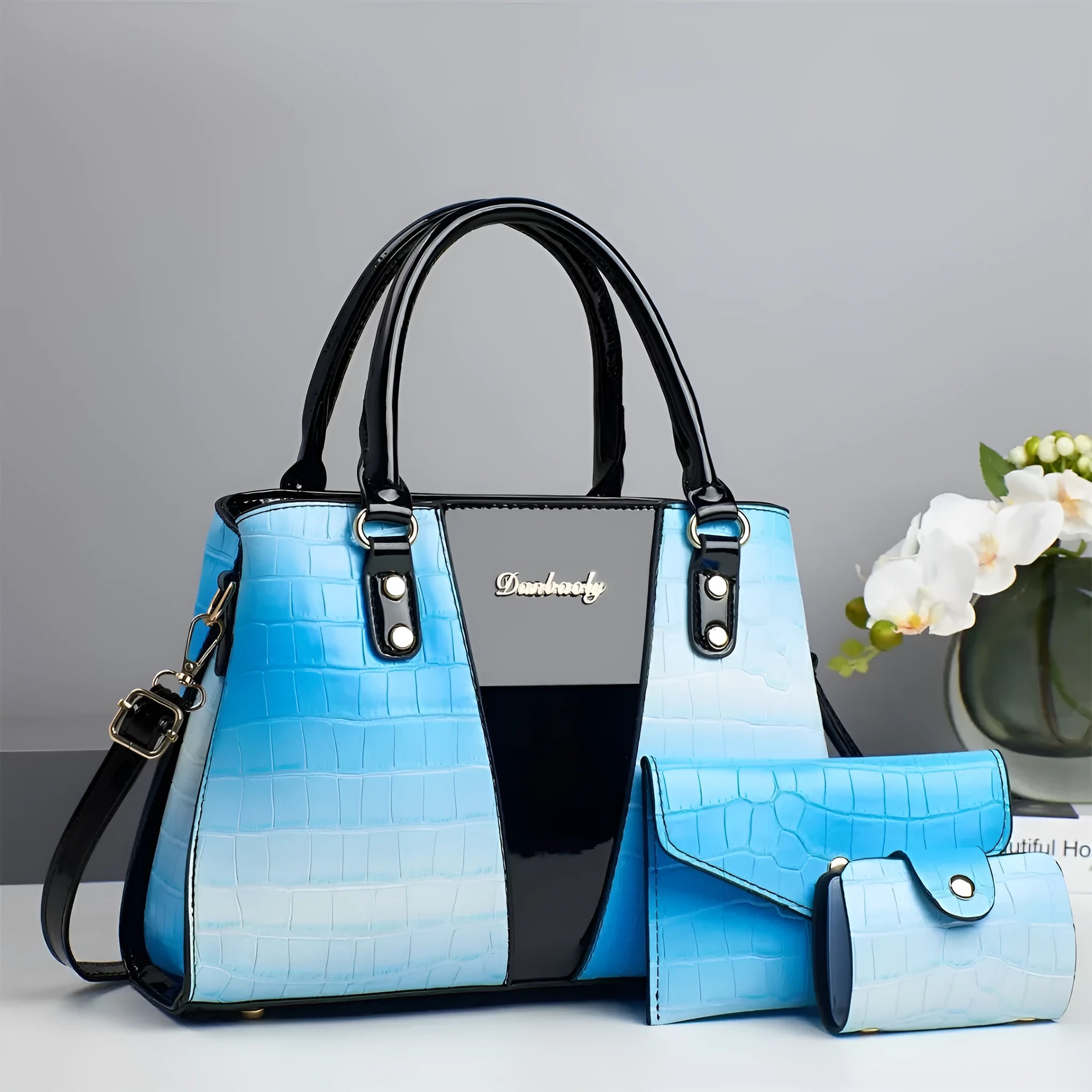 Women's three-piece shoulder bag set with crocodile stitching in multiple colour options