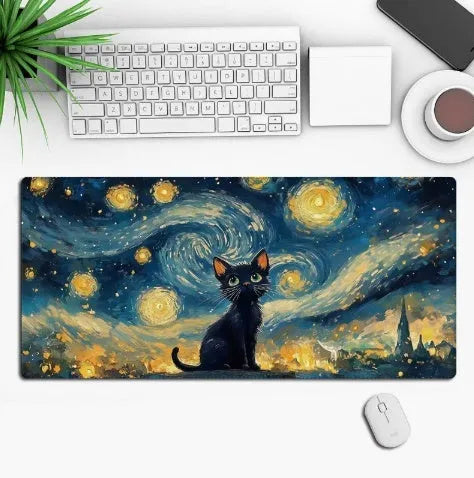 Hot anime series gaming mouse pad with colourful graphic, shown on a desk with a mouse.
