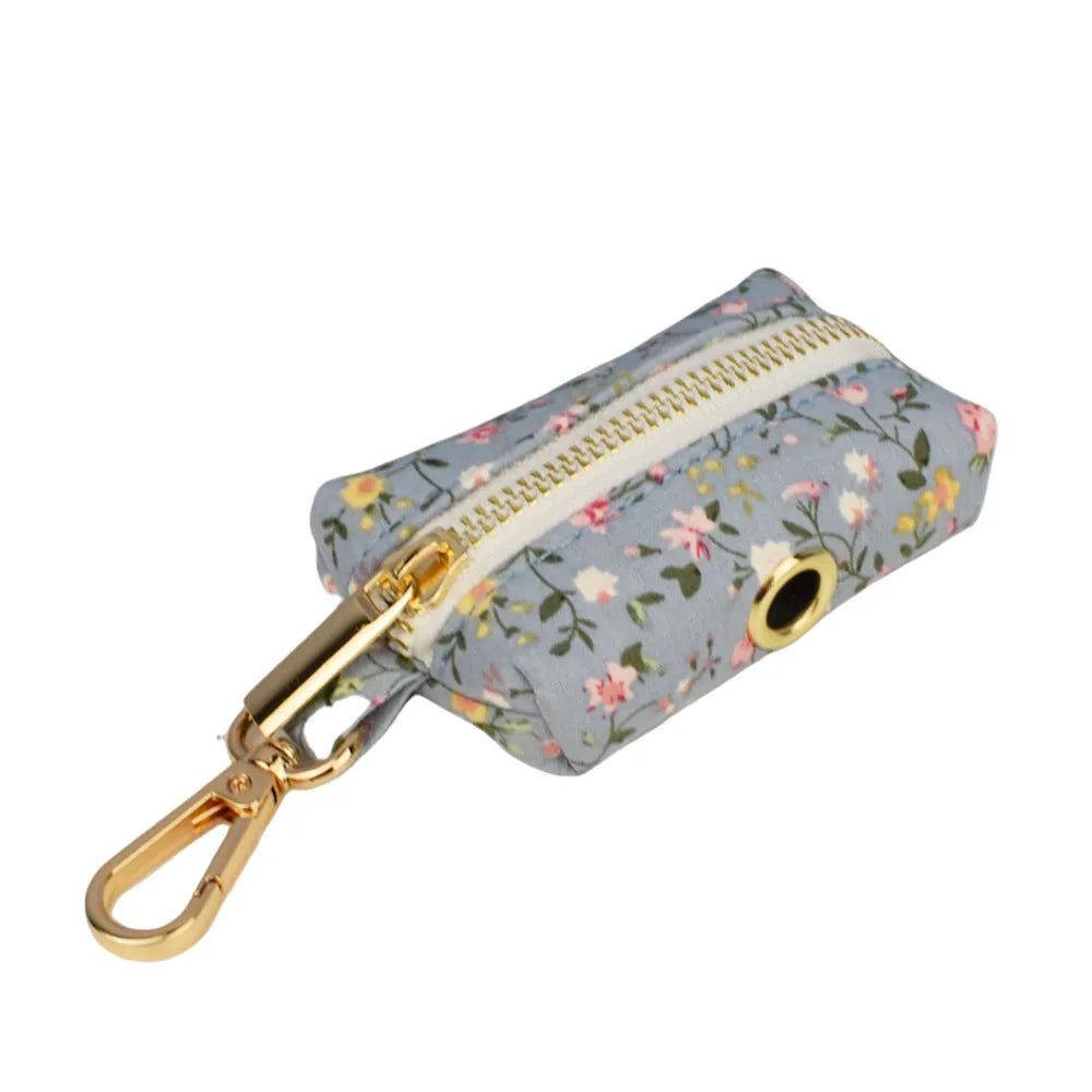 Blue floral polyester cotton dog collar set with leash, vest, bow, and poop bag in sizes XS to XL