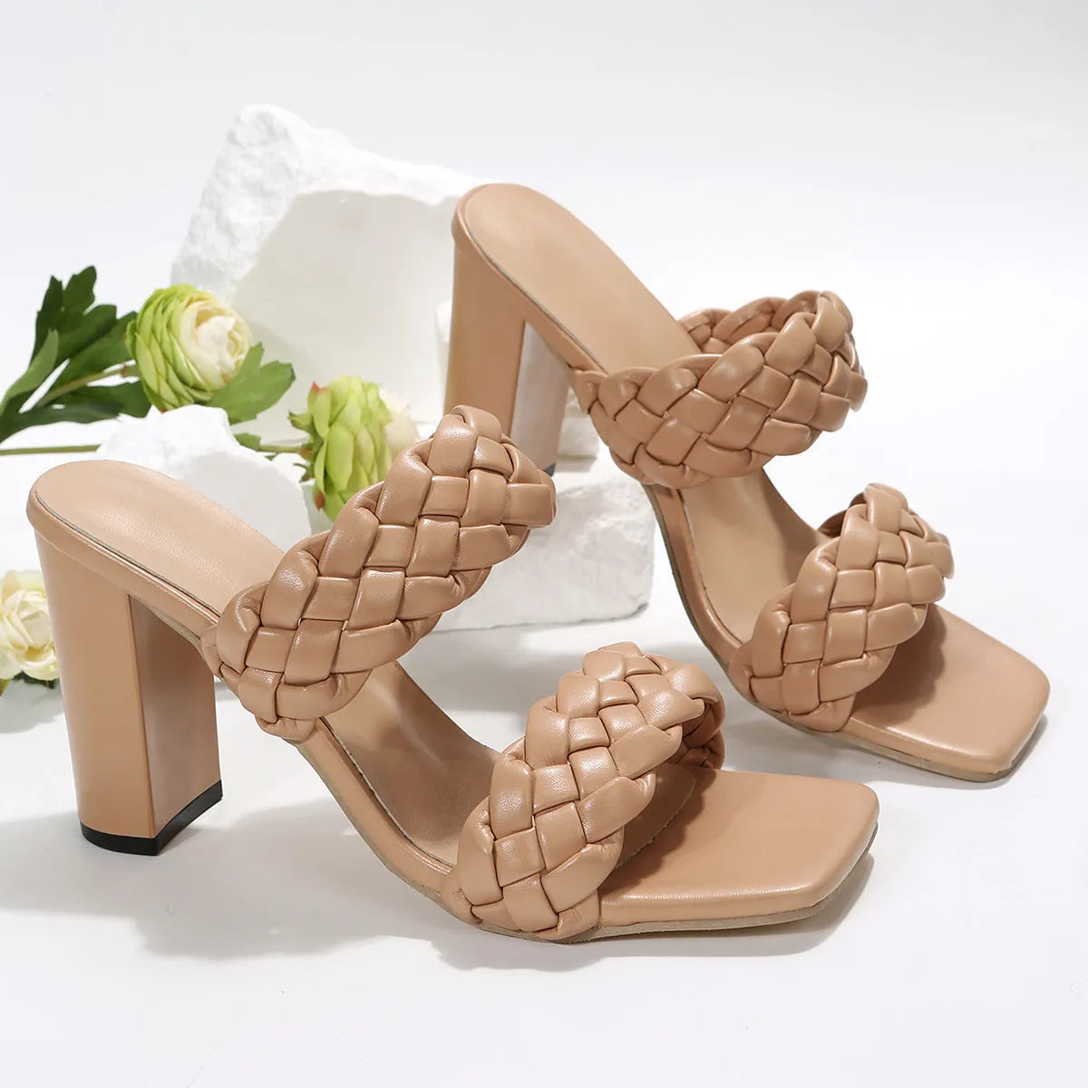 Women's square toe flip flops with chunky heel and woven twisted upper in apricot colour.