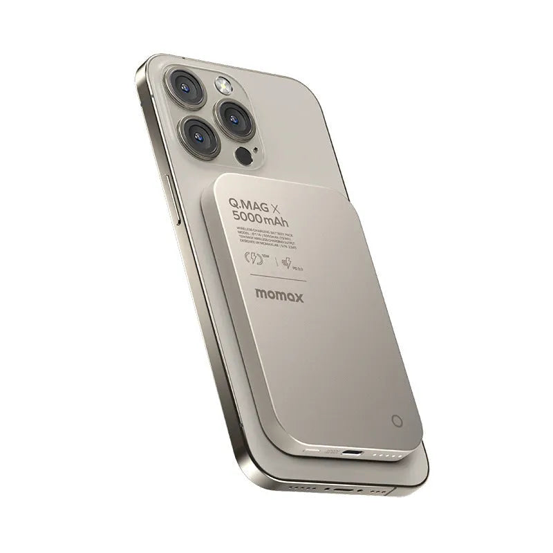 Magnetic wireless alloy power bank in titanium gold or black colour with MagSafe compatibility