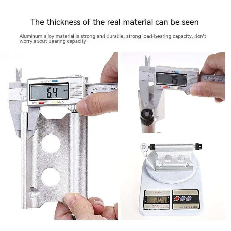 Silver metal quick release clamp for attaching a rack to a bicycle front fork.