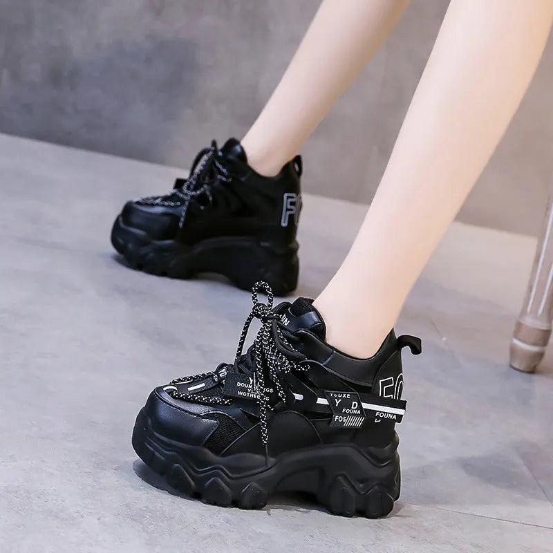 Women's white and black mesh platform sports shoes with cross-strap design and 6-8cm heel