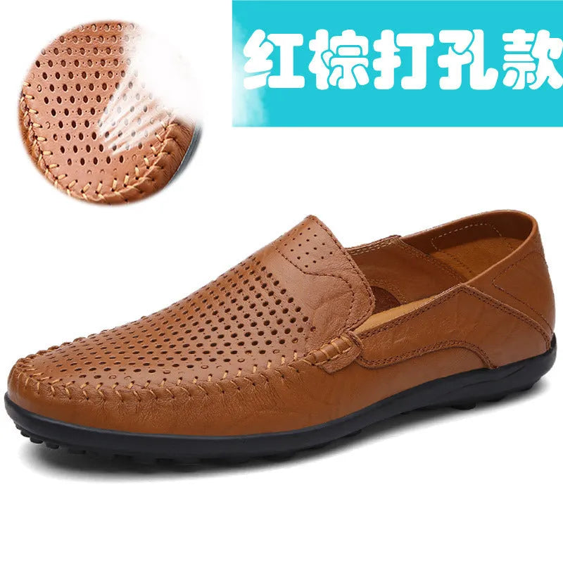 Men's cowhide leather casual shoes in business style with round toe and rubber sole