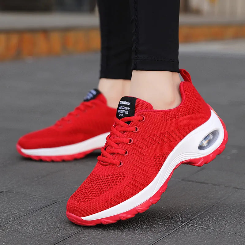Women's round toe mesh sneakers with front lace-up and 3-5cm mid heel in black or red