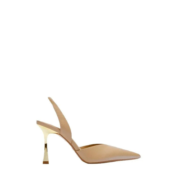 Women's patent leather high heels in apricot with pointed toe and shallow mouth design