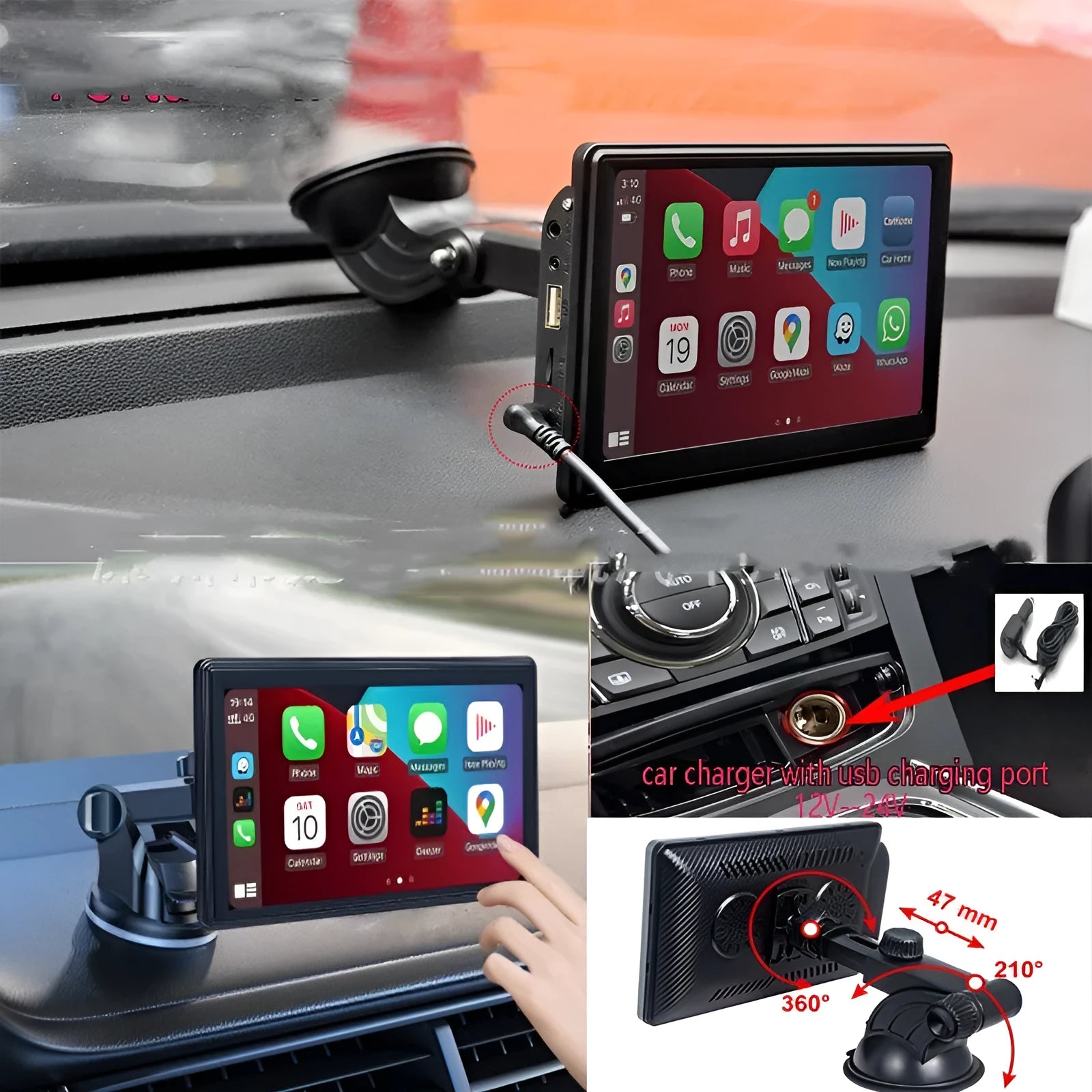 Portable 7-inch IPS car GPS navigator with wireless Carplay and Android AUTO projection on dashboard
