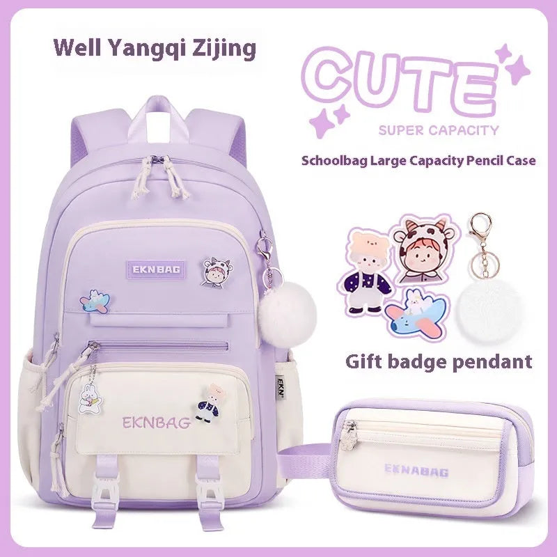 Girls waterproof Oxford cloth school backpack with curved straps and spine protection in solid colours for grade 5-6 students