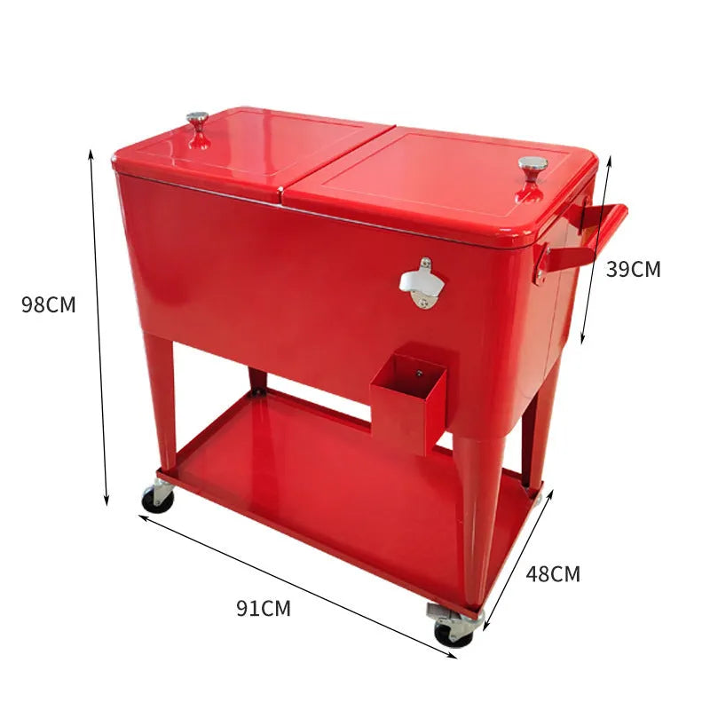 Red metal outdoor insulated cart with wheels and a 750ml capacity