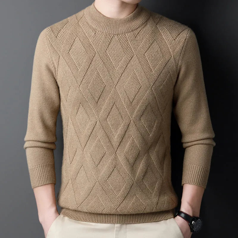 Men's thick winter wool blend pullover sweater with diamond jacquard pattern in a plus size fit.