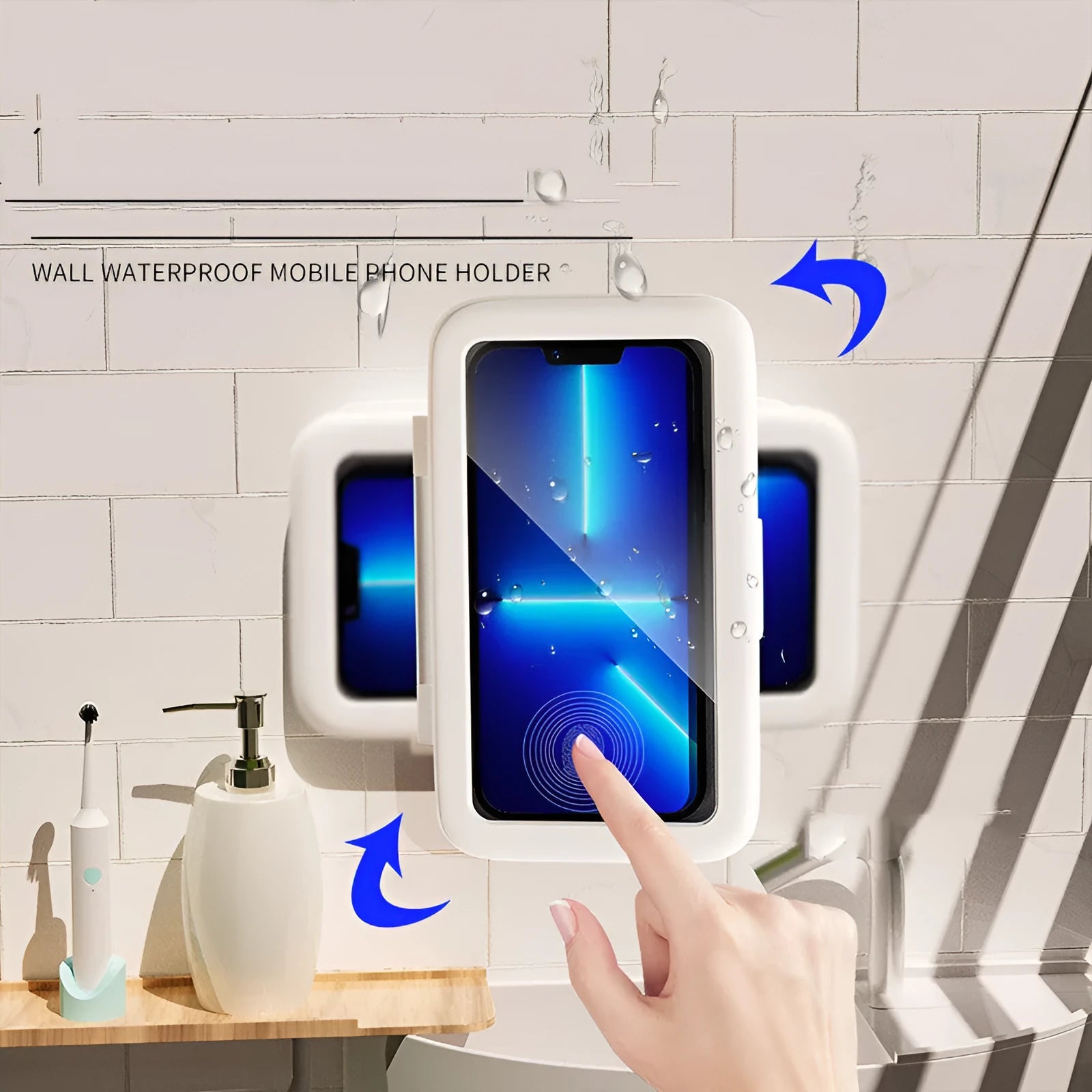 White waterproof phone holder mounted on bathroom tile with phone visible inside