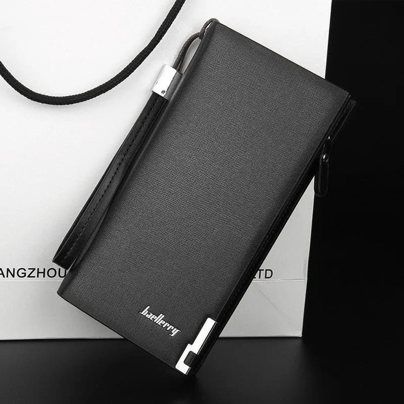 Men's black PU leather wallet with a long silver zipper, closed.