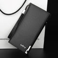Men's black PU leather wallet with a long silver zipper, closed.
