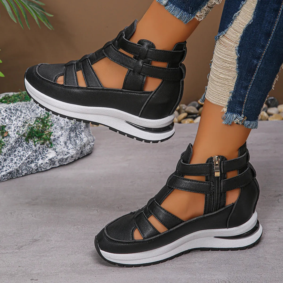 Women's black close-toed hollow-out platform sandals with velcro fastening