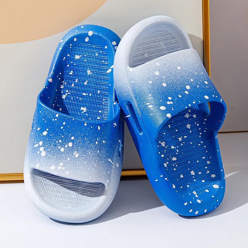 Gradient coloured children's PVC summer slippers with non-slip soles in blue, yellow, green, orange, pink, or black.