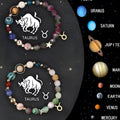 Set of two natural stone beaded bracelets on a wrist, each representing a different zodiac sign style.