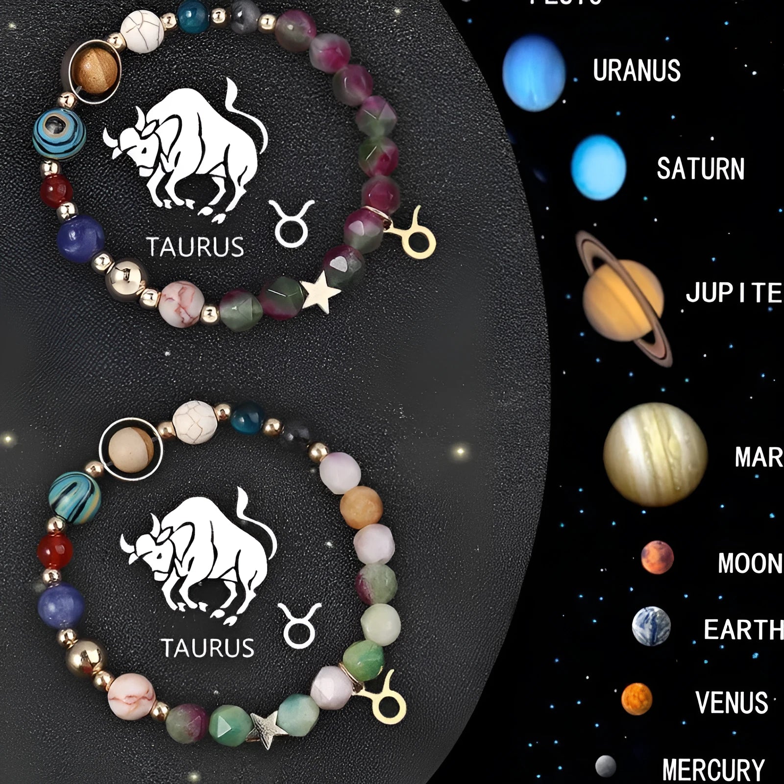 Set of two natural stone beaded bracelets on a wrist, each representing a different zodiac sign style.