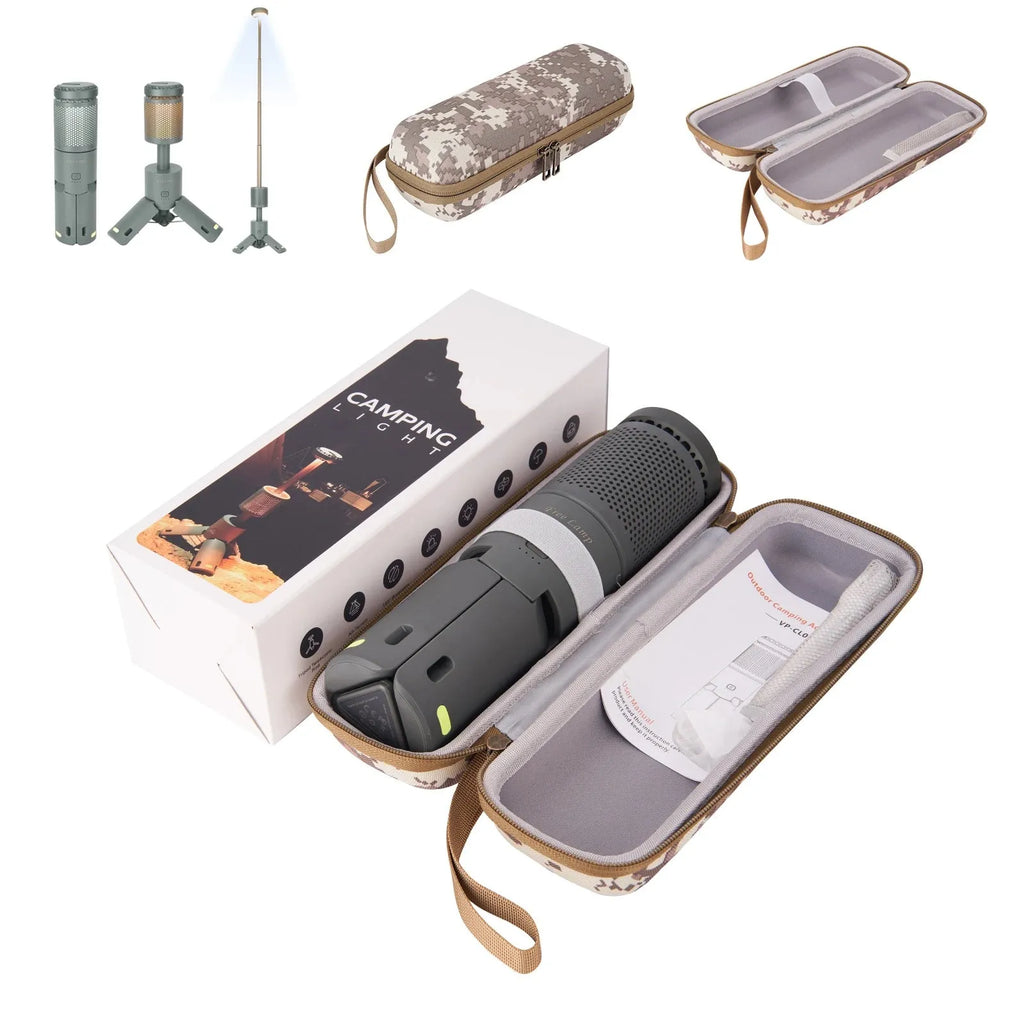 Portable camping LED lantern in off-white and dark grey colours with battery power and button switch