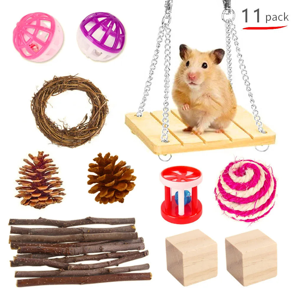 Assortment of wooden pet toys for rabbits guinea pigs and parrots in a set