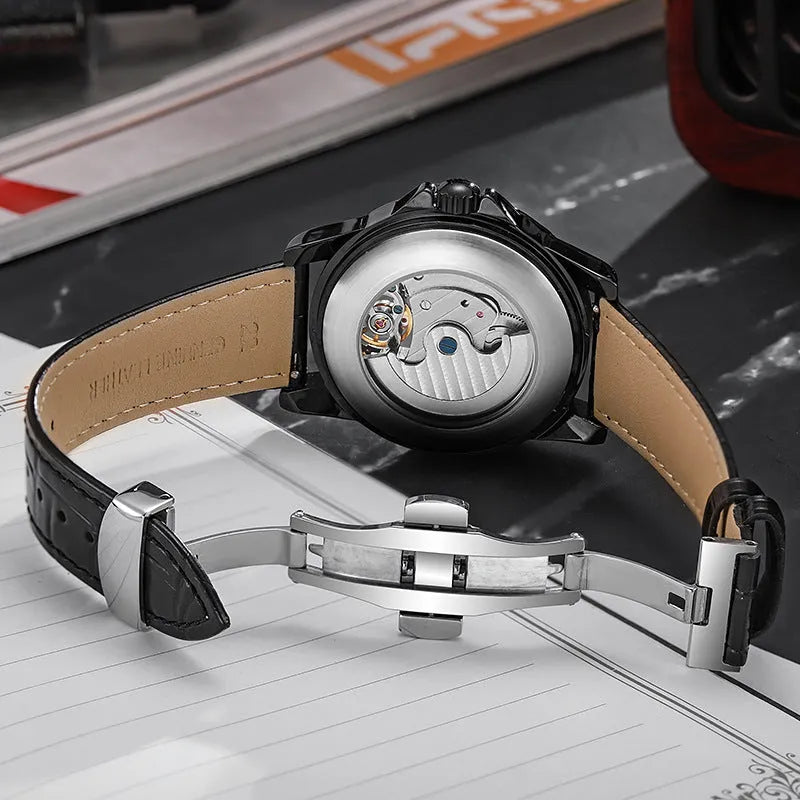 Men's automatic watch with luminous hands in steel case with leather strap option