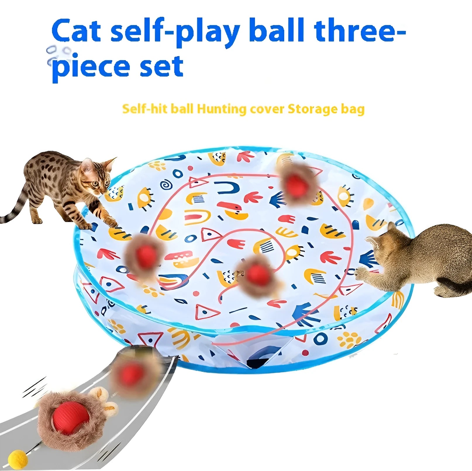 Canvas cat toy set with double-layer round hunting cover, self-fun ball, and storage bag in Amazon hot colour