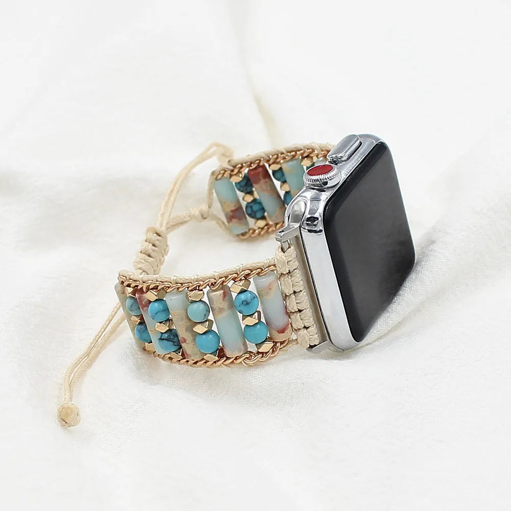 Stone leather rope watch band for Apple Watch in blue, fitting 38mm to 49mm case sizes