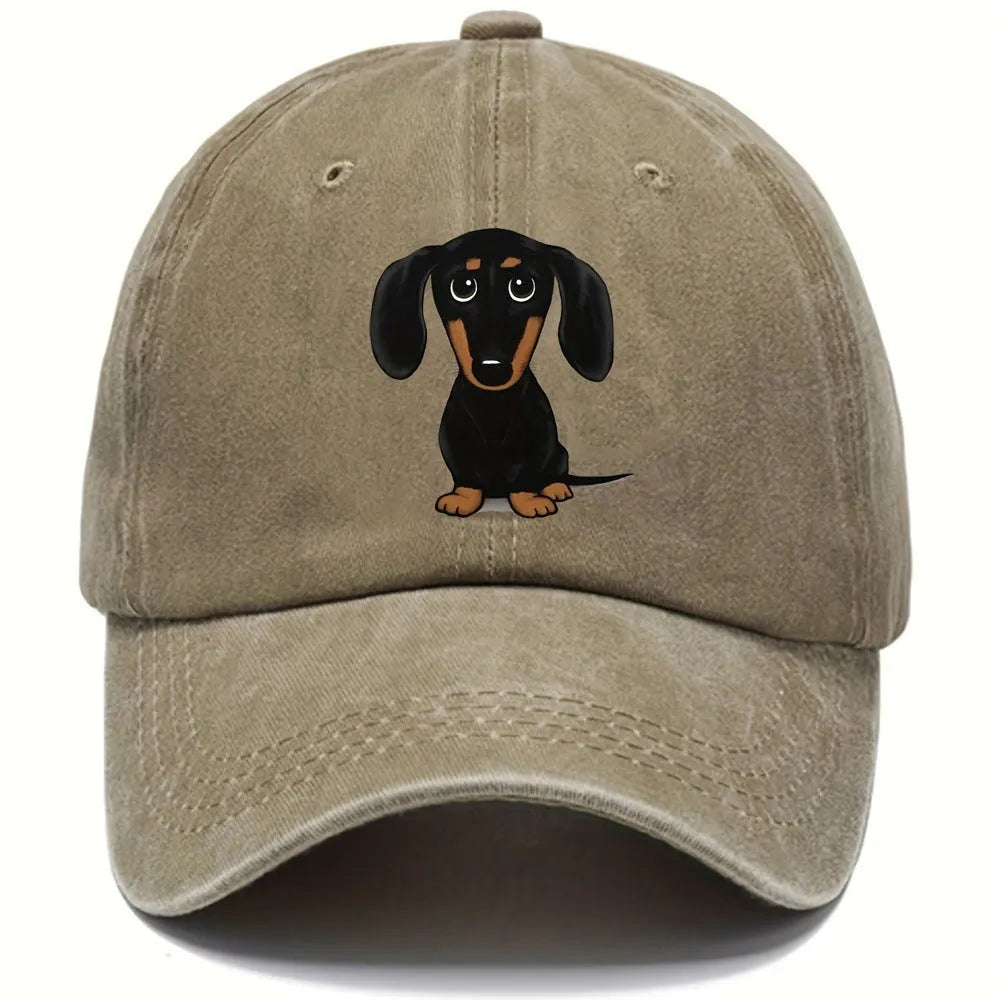 Retro cotton baseball cap with embroidered Dachshund design on dome crown, size M fits 56-58cm head circumference