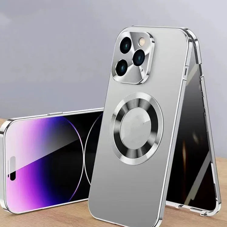 Magnetic anti-peep phone case for iPhone in black, blue, gold, purple, and silver colours.