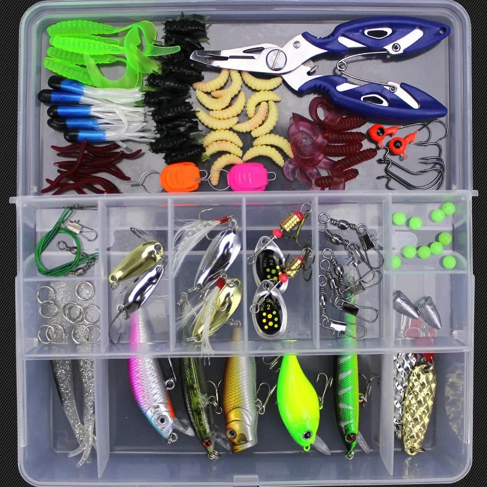 Junior fishing lure suit with PP storage box containing soft plastic baits in 28 to 106 piece size options