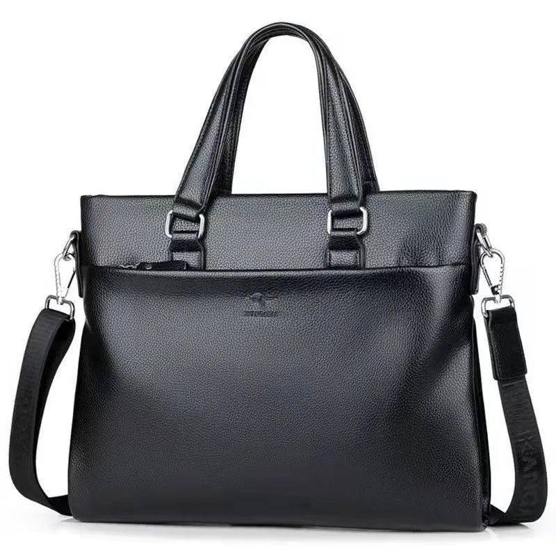 Men's black PU leather business messenger bag with crossbody shoulder strap showing splicing design