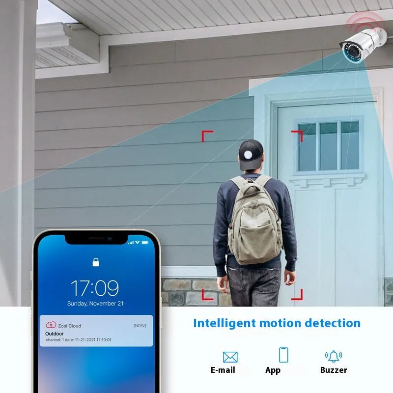 ZOSI 5MP POE security camera system with NVR, four outdoor cameras, and network components