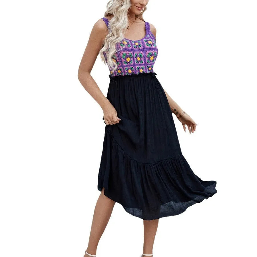 Purple sleeveless dress with hand-hooked floral embroidery on acrylic cotton blend fabric