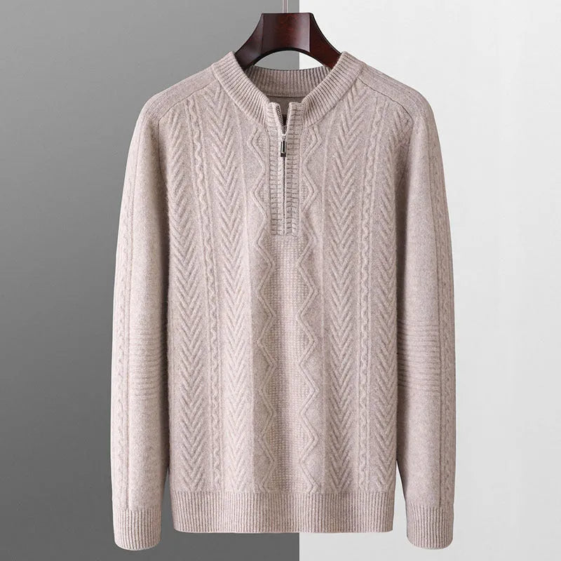 Men's pure wool half-zip sweater with diamond lattice pattern in milky white colour showing front view