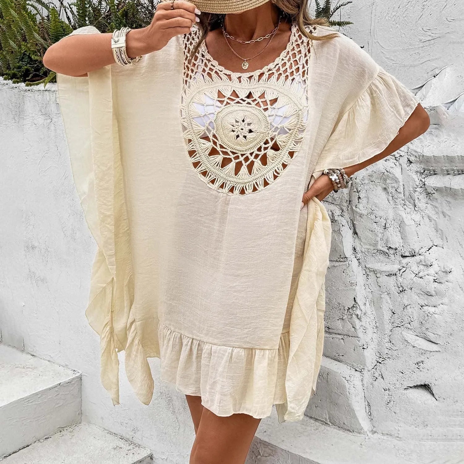 Beach crochet tassel dress swimsuit cover-up in patchwork skirt design