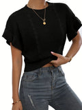 White knitted pullover sweater with 3D twisted string pattern and ruffled short sleeves on a hanger.