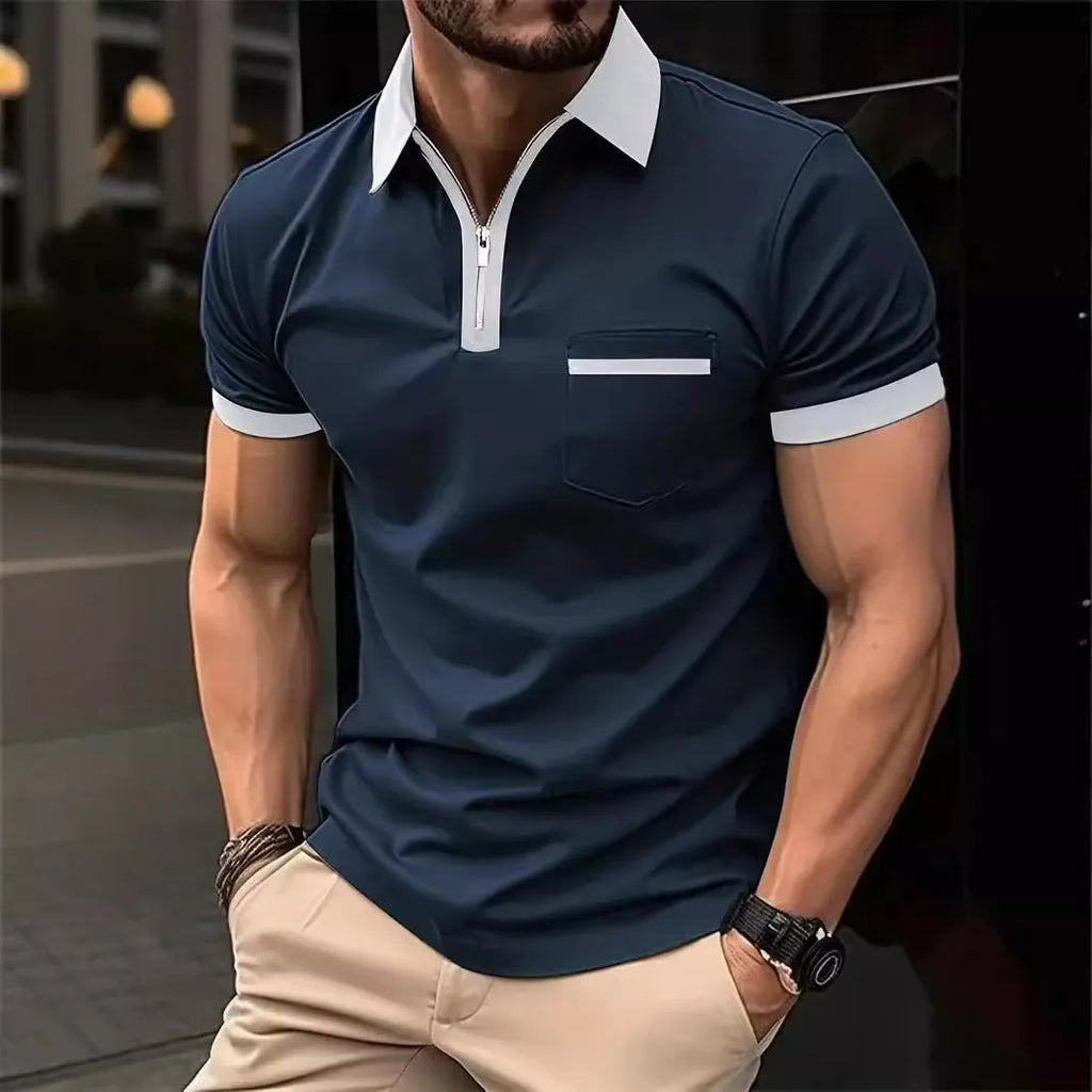 Men's loose fit casual short sleeve shirt with chest pocket and zipper decoration