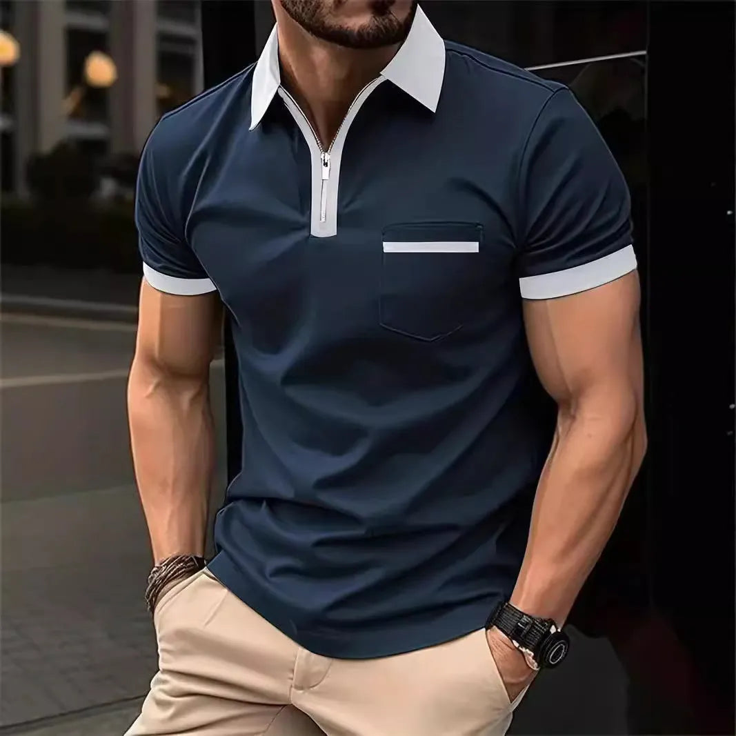 Men's loose fit casual short sleeve shirt with chest pocket and zipper decoration