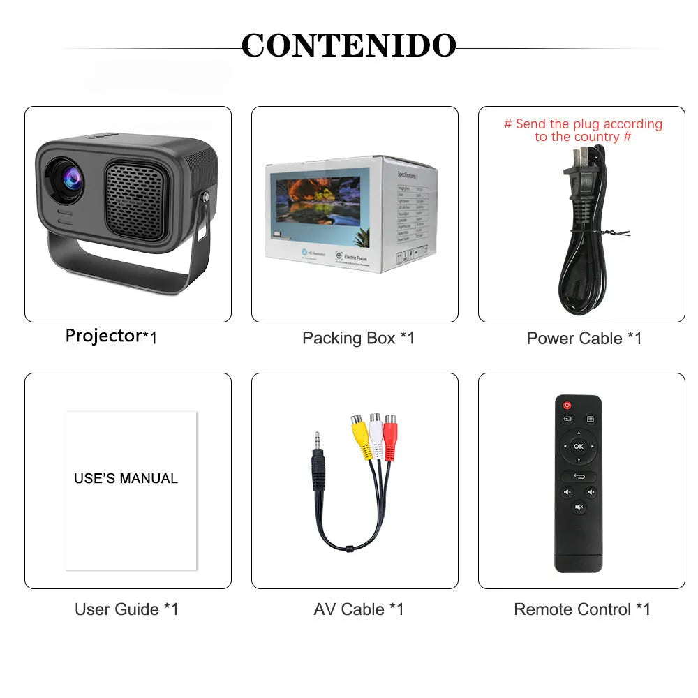 Black portable smart projector with remote control showing 720p HD resolution and Android system