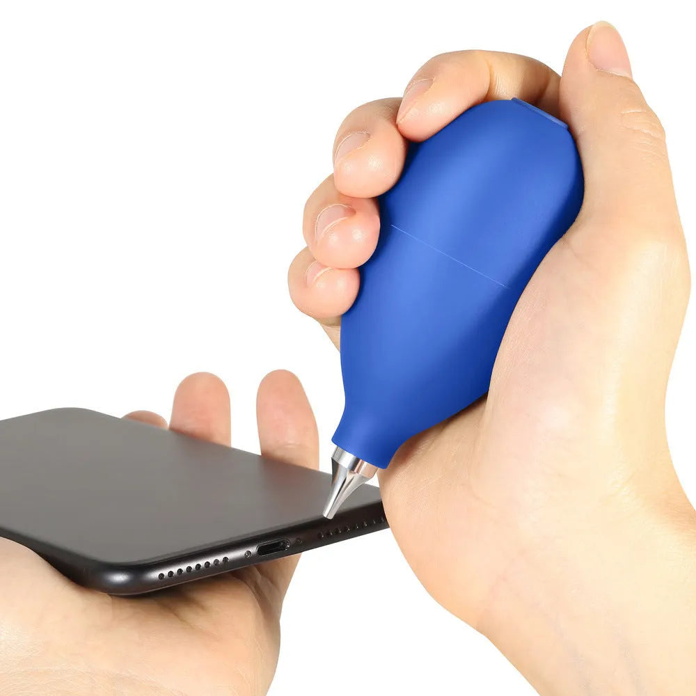 Blue rubber handheld dust removal ball air blower for cleaning cameras and mobile phones.