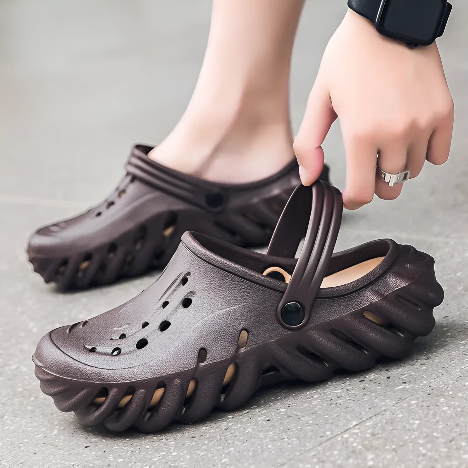 Men's beige hollow out design EVA slippers sandals with round toe and non-slip sole