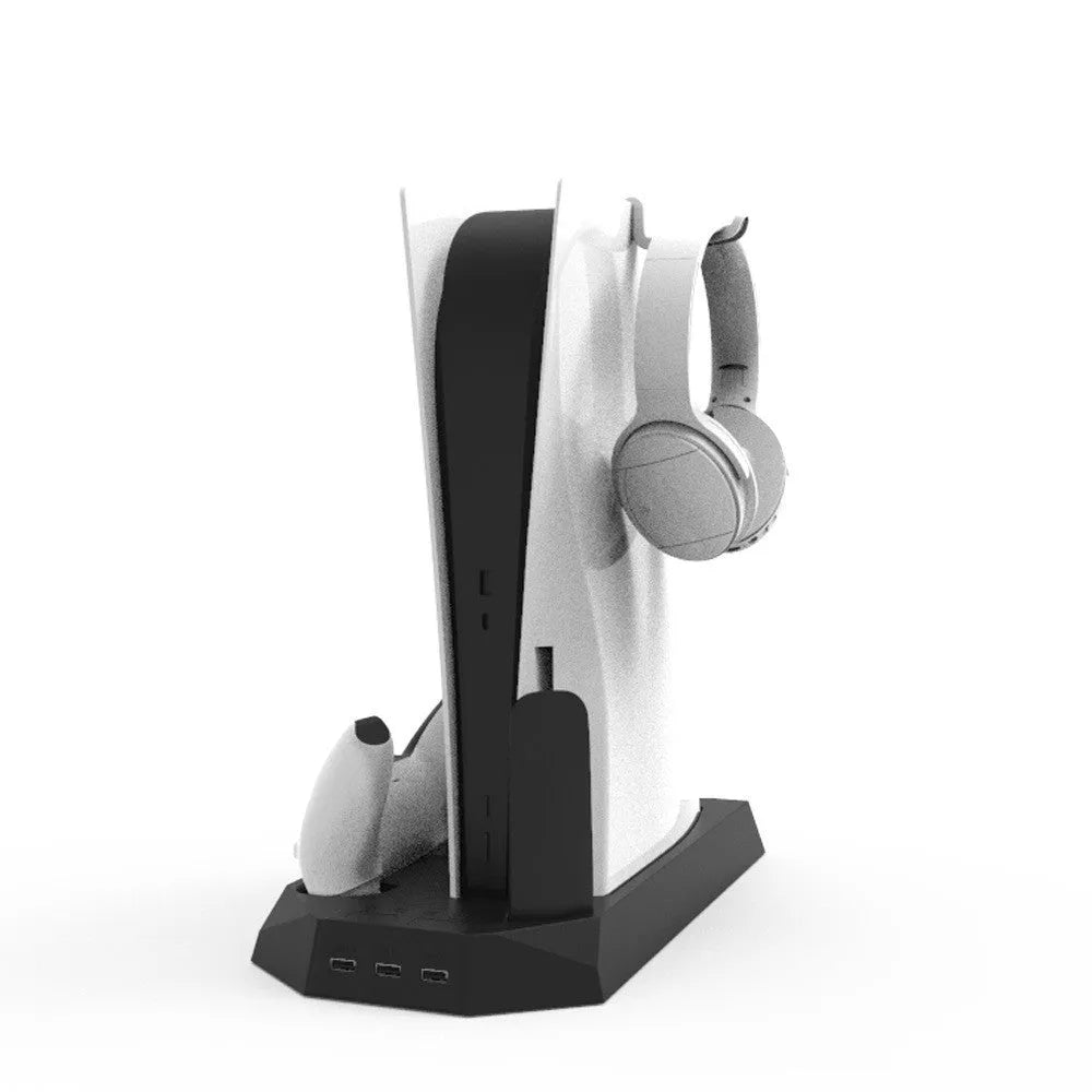 PS5 charging base radiator in white with two controller charging ports and cooling function
