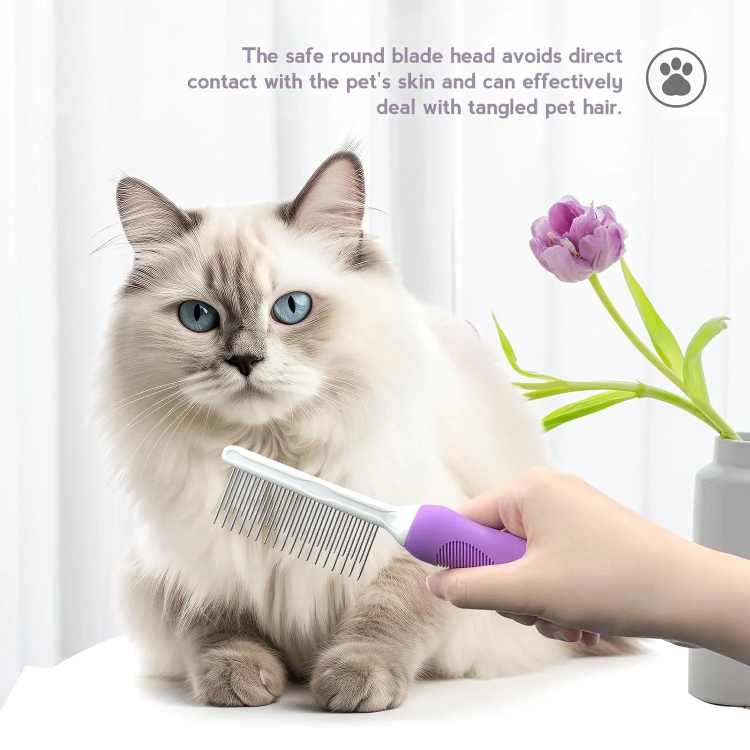 Purple pet grooming comb with stainless steel long and short teeth for detangling dog and cat hair