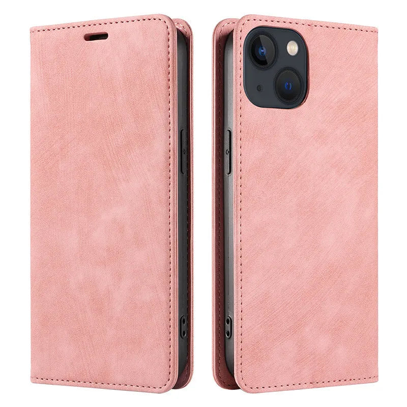 Magnetic leather and TPU flip phone case for iPhone shown in black, blue, and brown colours.