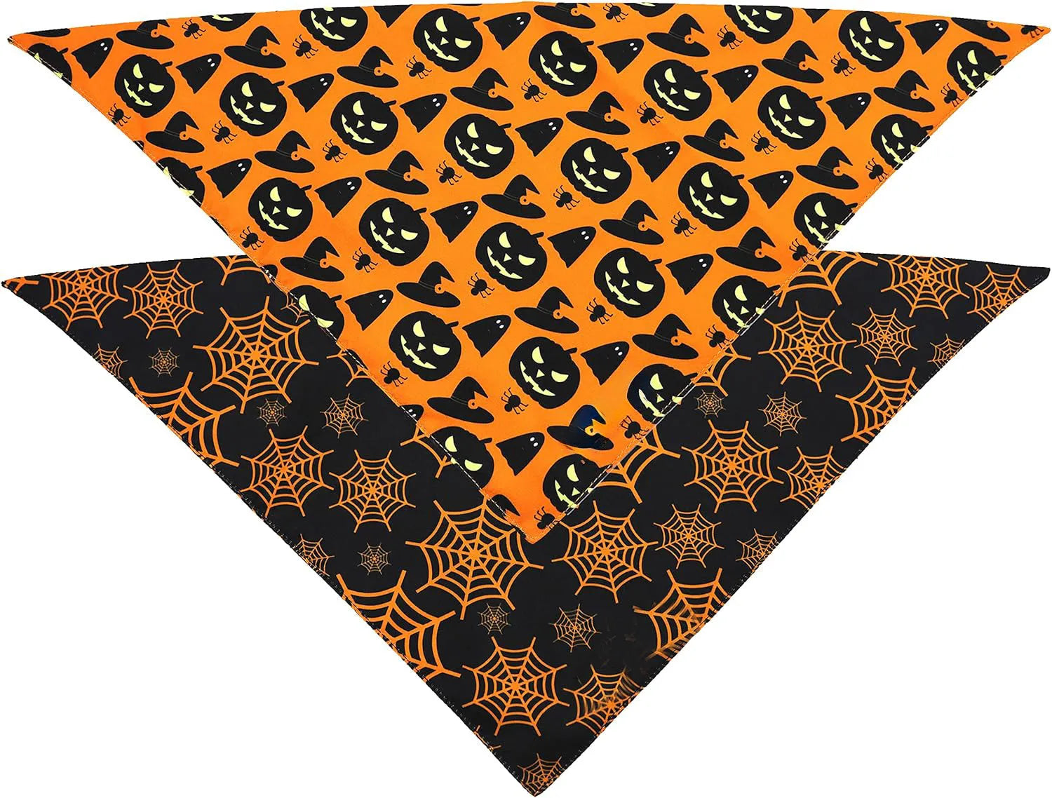 Black and orange reversible Halloween dog bandana with pumpkin and spider web patterns lying flat.