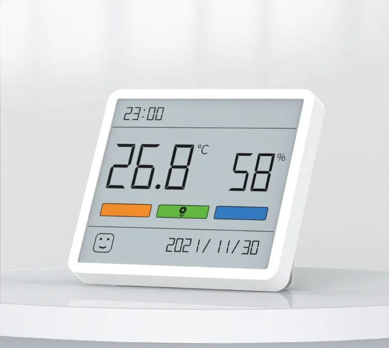 Mini digital clock hygrometer with ABS body and PMMA screen, showing temperature and humidity on a white background