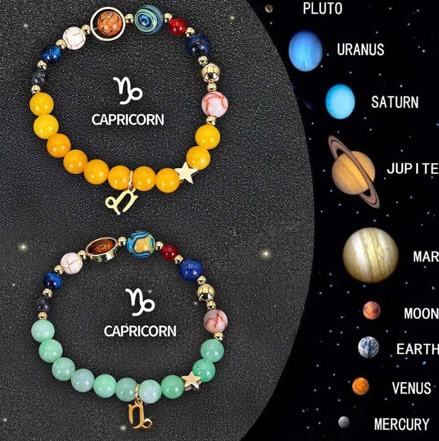 Two natural stone beaded bracelets with zodiac charms on an adjustable elastic band.