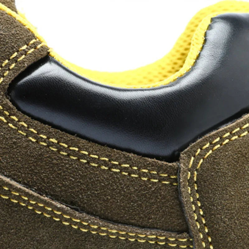 Bronze cowhide leather steel toe safety shoes with anti-skid sole shown in low cut design