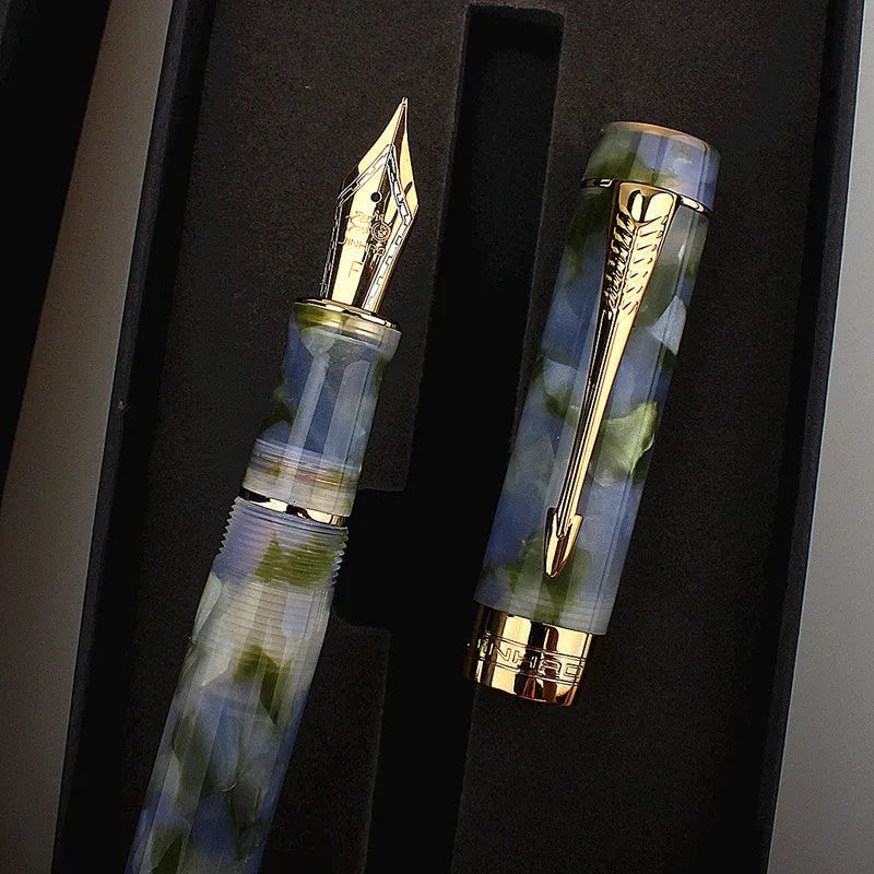 Deep bath green metal pen showing fine, medium, and broad tip size options.